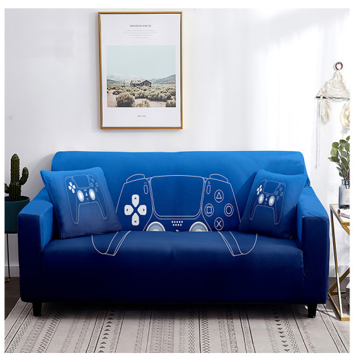 Game Sofa Cover blue with 2 controller for Gaming Boys Bedroom Playroom Washable Furniture Protector From Dust Stain - 2 Seater 145-185cm